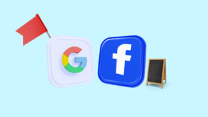 Google logo in a box with Facebook logo in a box on a light blue background